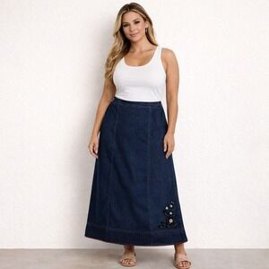 Basic Editions Womens Dark Wash Denim Maxi Skirt Floral Embroidered Size 12 VTG